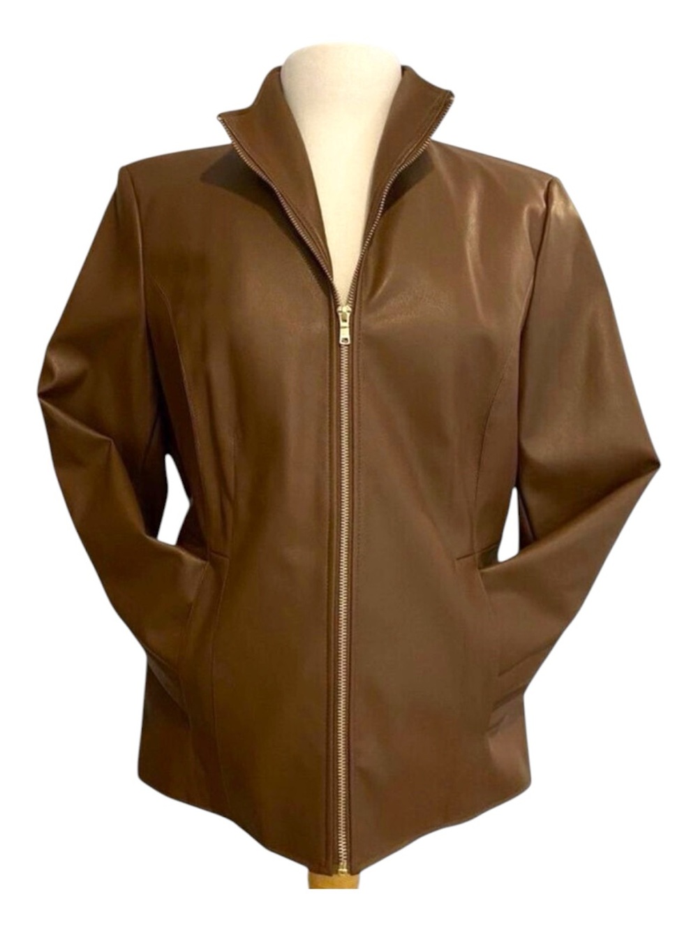 Cole Haan designer brown Vegan leather zip up jacket women Large quilted lining